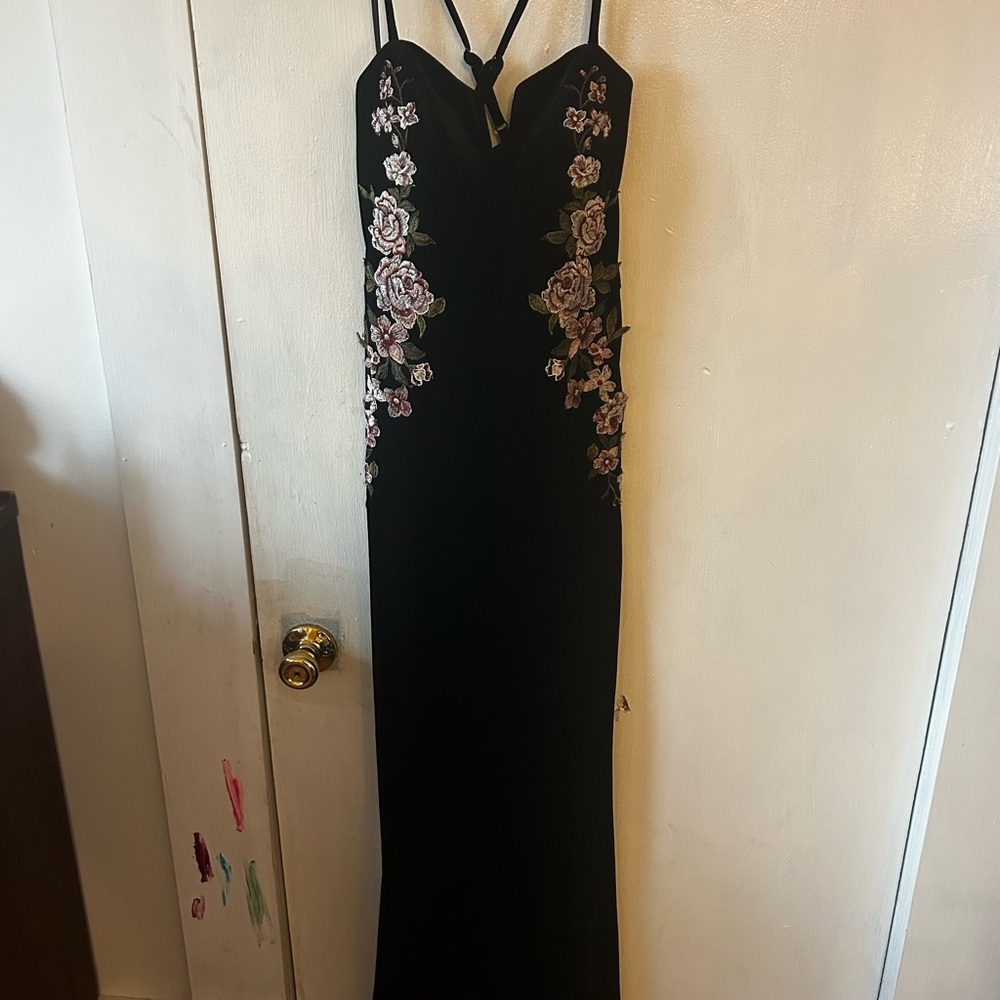 Velvet Windsor Black Maxi Dress with Pink Floral Embroidery